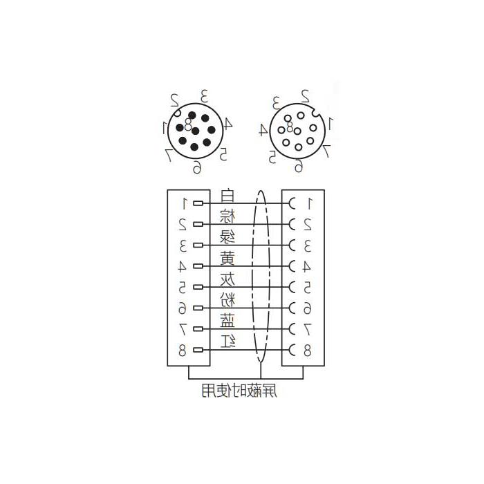 M12 8Pin、母头直型转公头直型、双端预铸PUR柔性电缆、黑色护套、64D381-XXX