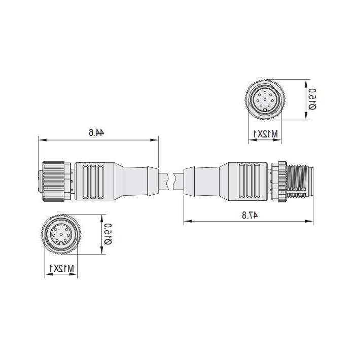 M12 8Pin、母头直型转公头直型、双端预铸PUR柔性电缆、黑色护套、64D381-XXX